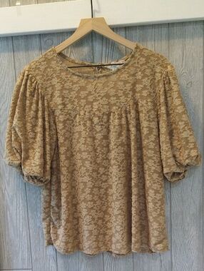 Easel Tan Sheer Mesh, Floral Lace Puff Sleeve Blouse
